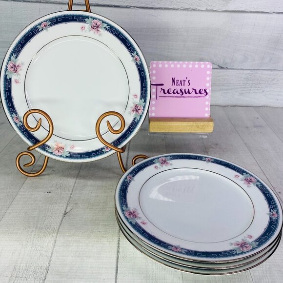 80's Noritake GRANVILLE Contemporary Blue Pink Flower China Salad Plates Set 4 - Picture 1 of 16